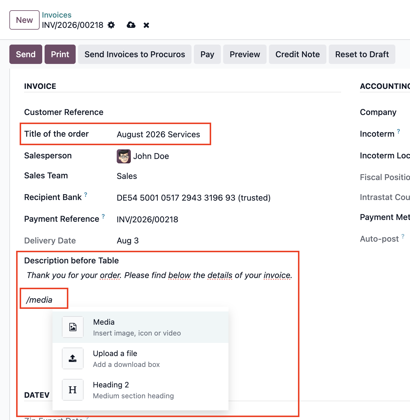 Screenshot 16 shows the fields in which additions can be made to the document title and texts, images and tables can be placed in front of the position table.